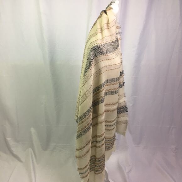 Stripe pattern Scarf Cream Black Tan with Fringe - Picture 6 of 12